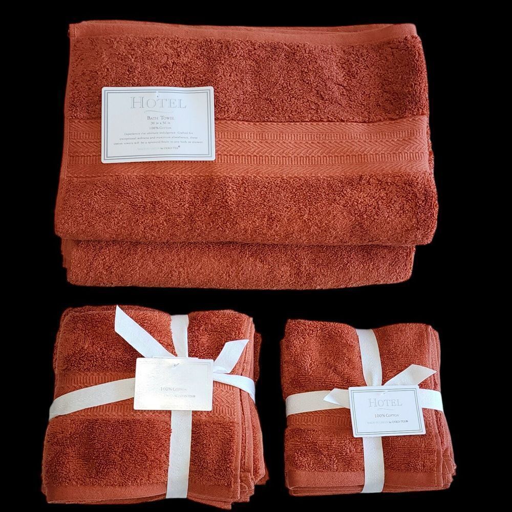 Hotel‎ 8pc Autumn Rust Red Cotton Towel Set 2 Bath 2 Hand 4 Tip Made in Green - Picture 2 of 15